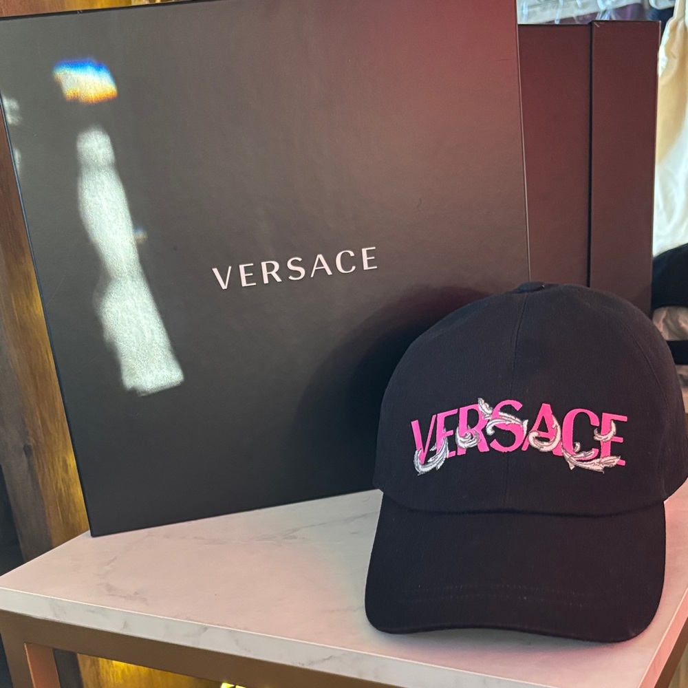 Versace Black Hat with Vibrant Pink Embroidery